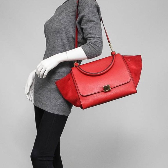 Auth CELINE Trapeze Small Red Leather Suede Womens Handbag - Picture 13 of 15